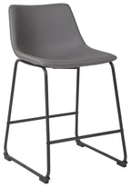 Gray upholstered barstool with curved back and black metal base, angled view