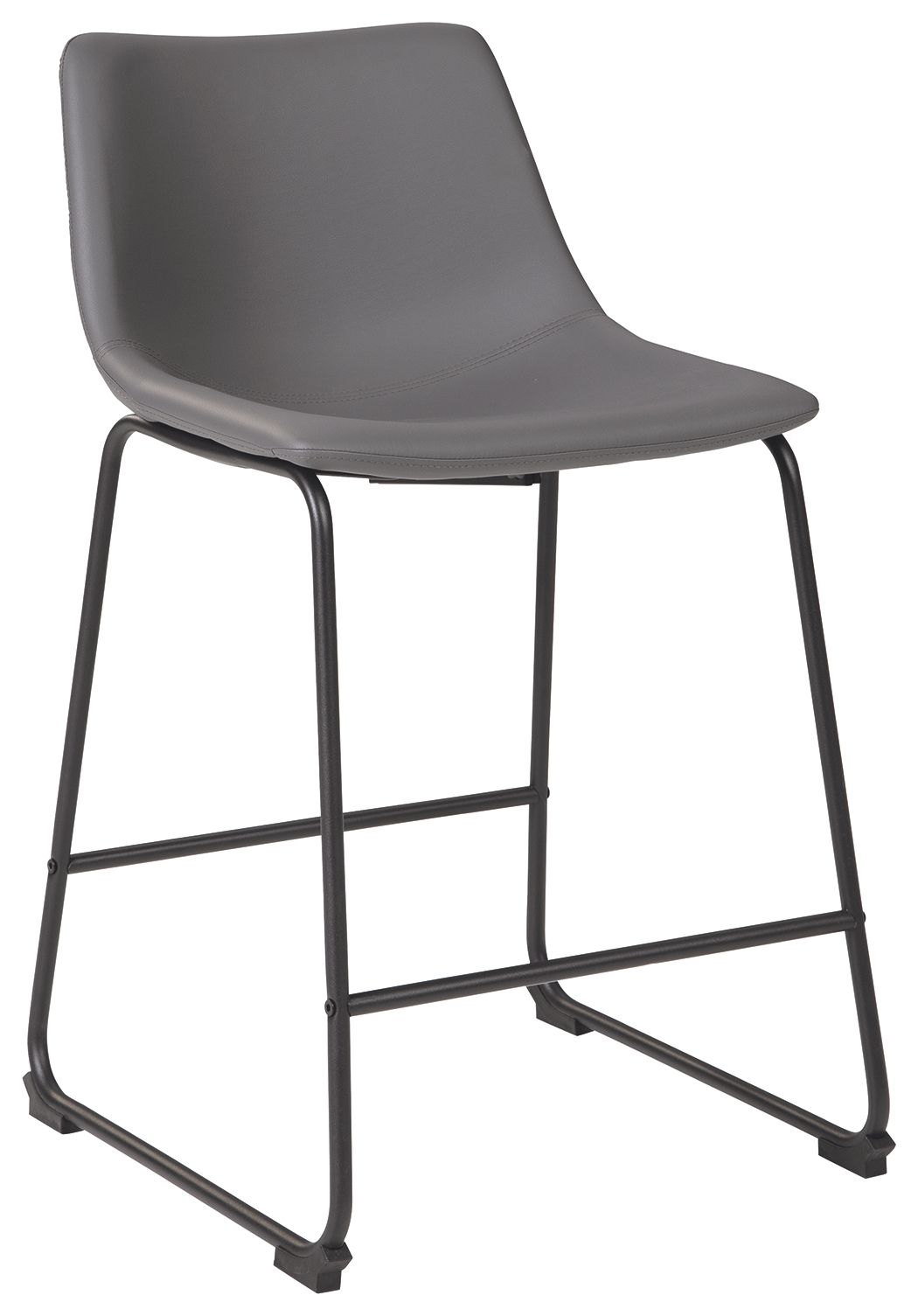 Gray upholstered barstool with curved back and black metal base, angled view