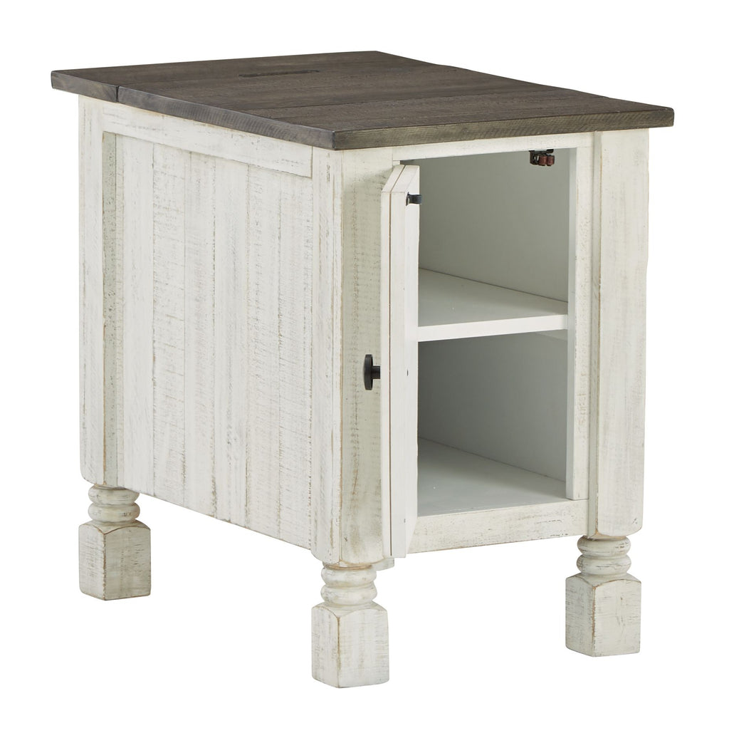 Havalance chair-side end table with gray top and open cabinet shelf, white finish