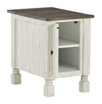 Havalance chair-side end table with gray top and open cabinet shelf, white finish