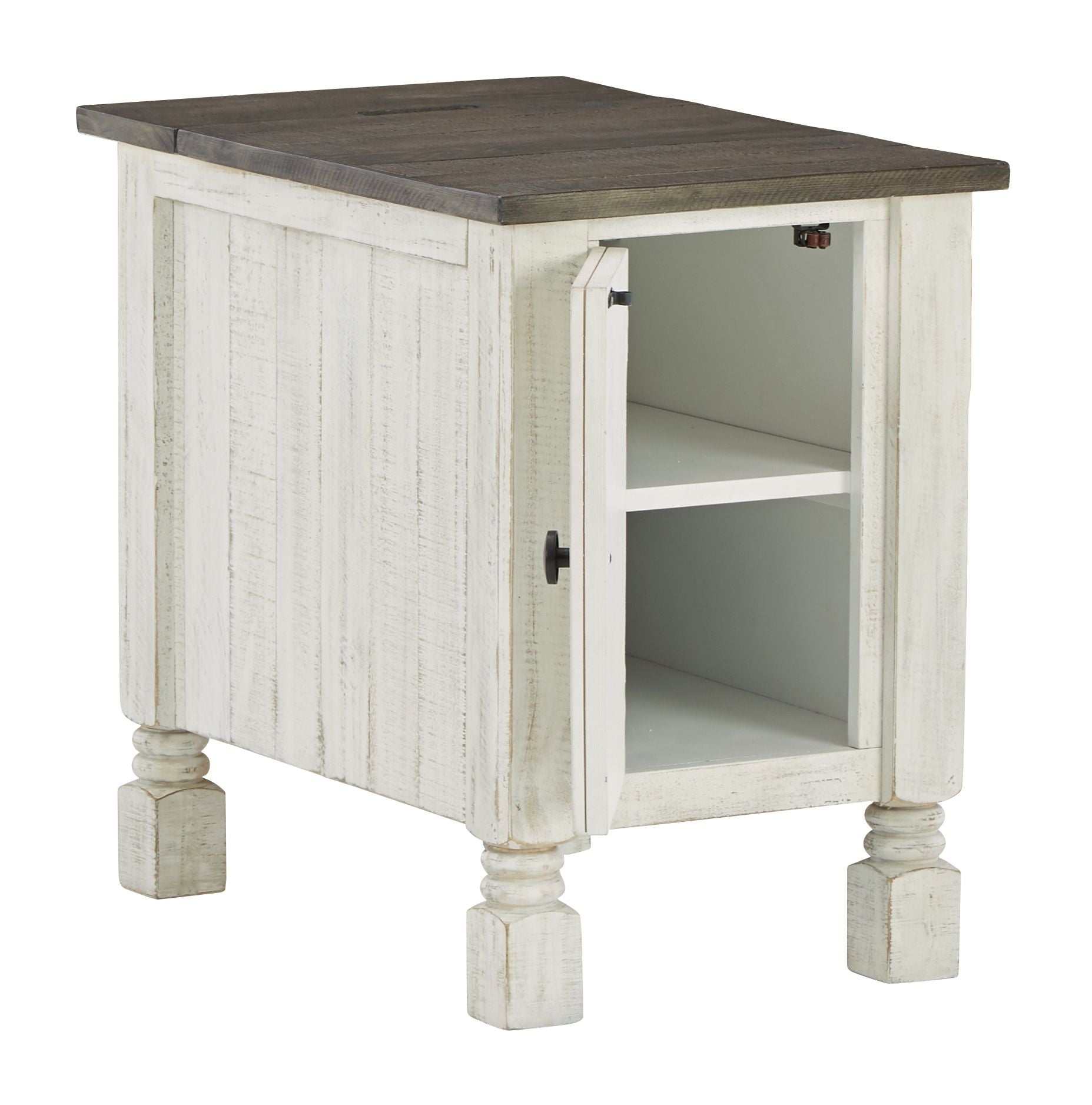 Havalance chair-side end table with gray top and open cabinet shelf, white finish