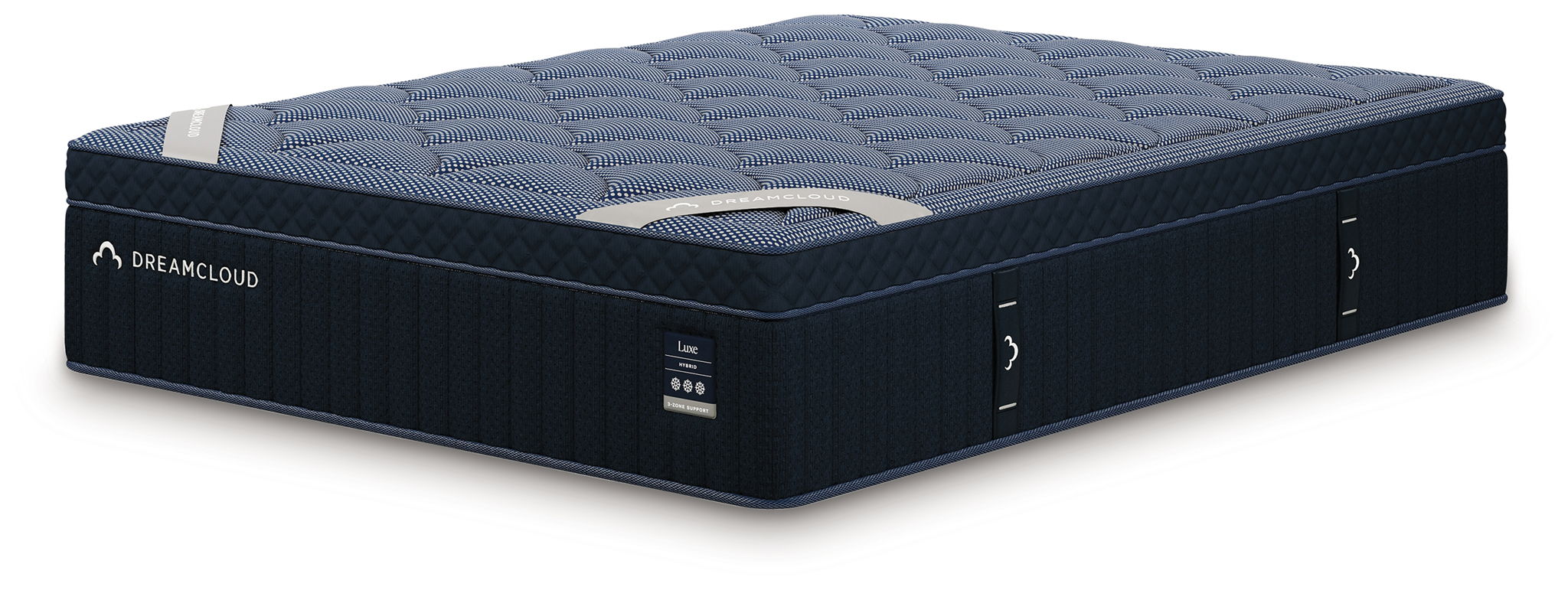 DreamCloud Luxe hybrid mattress with blue quilted top and dark side panels