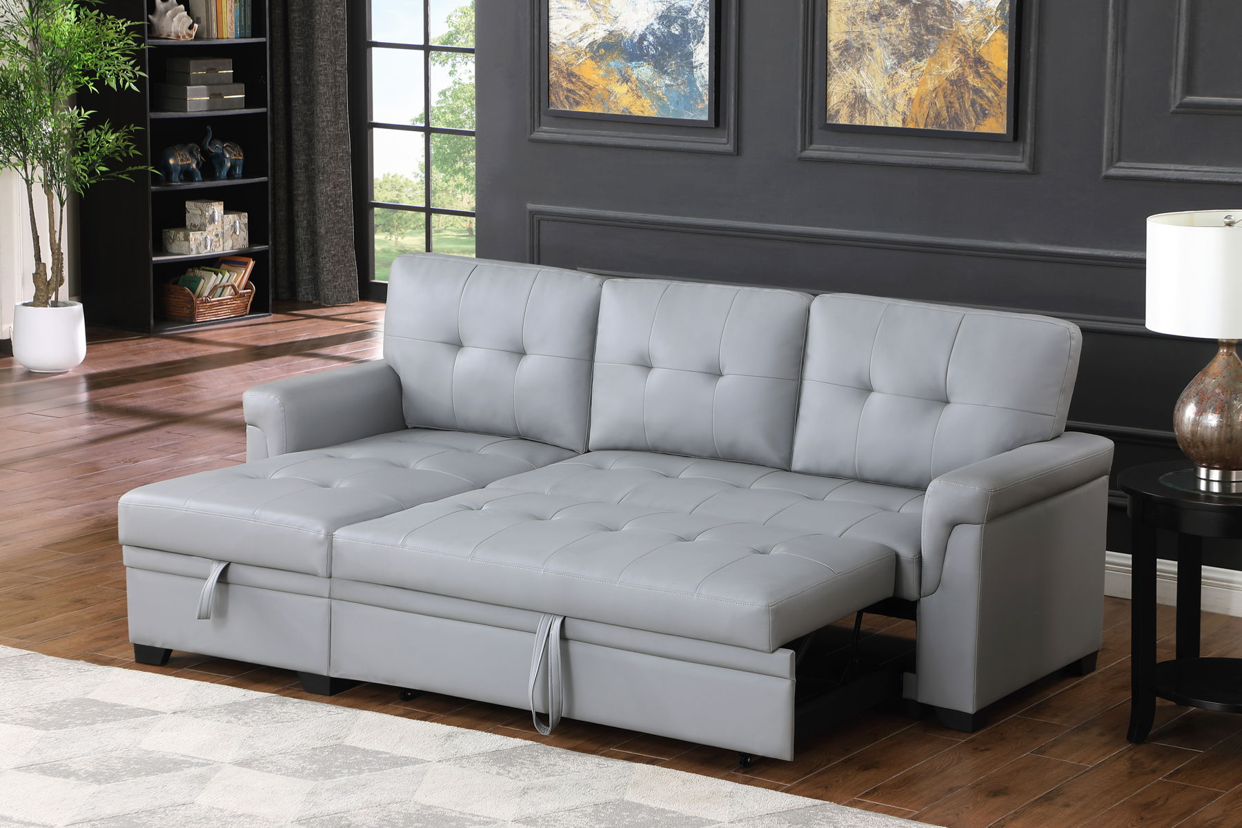 Lexi - Vegan Leather Modern Reversible Sleeper Sectional Sofa With Storage Chaise