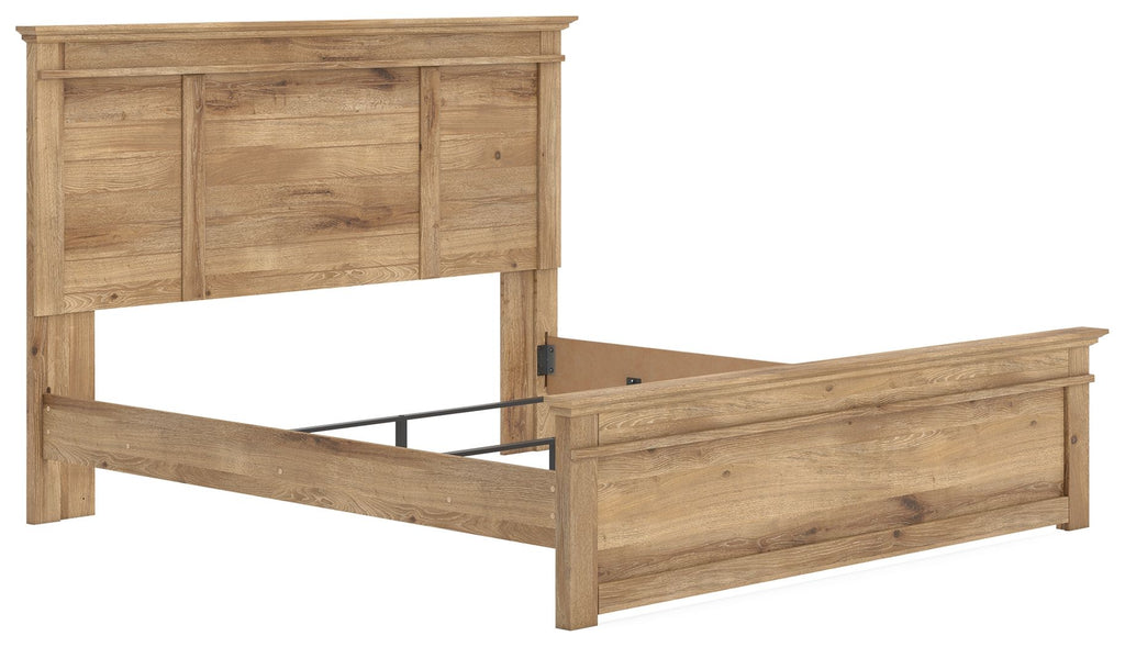 Light brown panel bed frame with raised headboard and footboard, side view with slatted support.