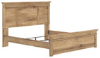 Light brown panel bed frame with raised headboard and footboard, side view with slatted support.
