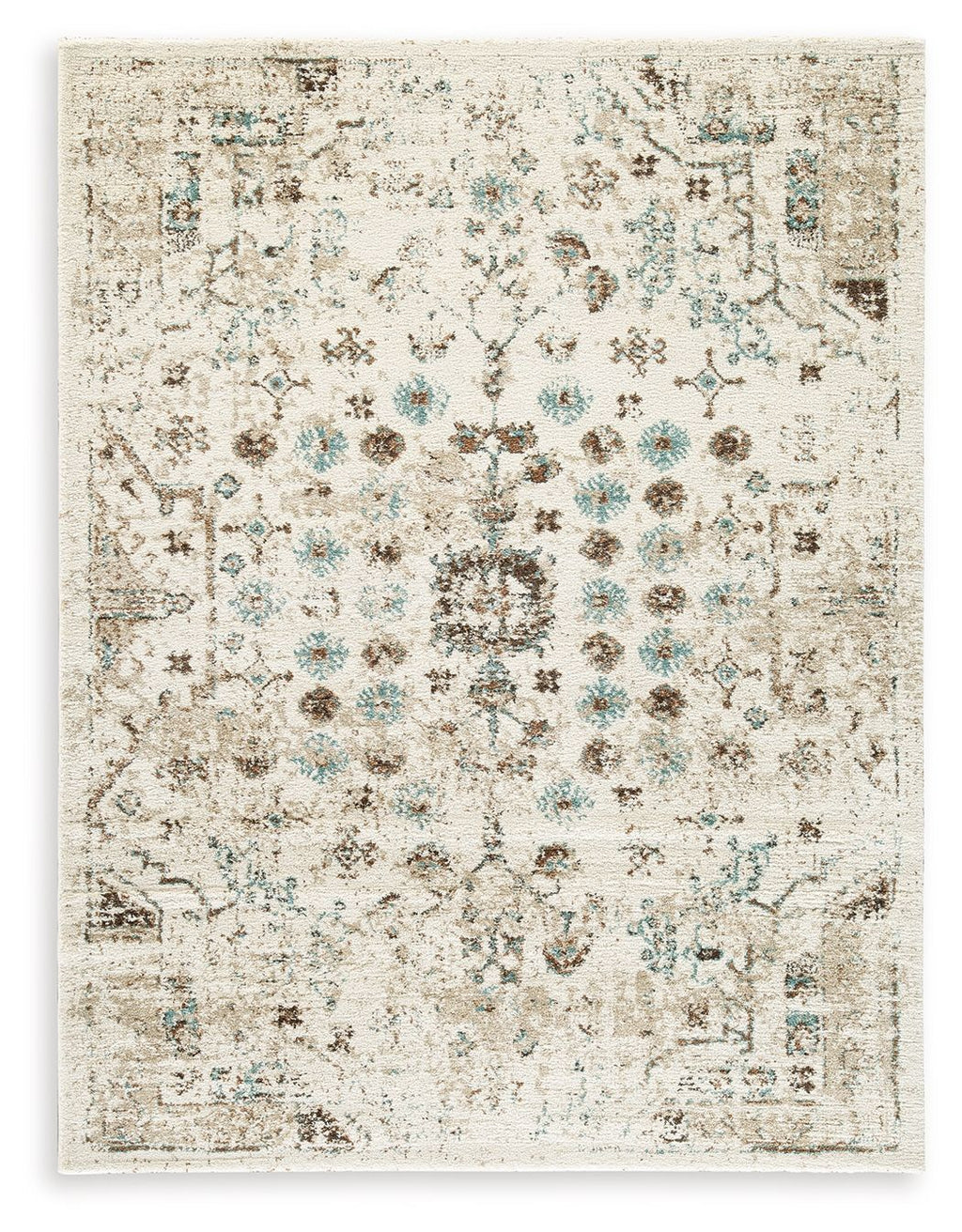 Beige area rug with distressed ornate pattern in brown and blue-green