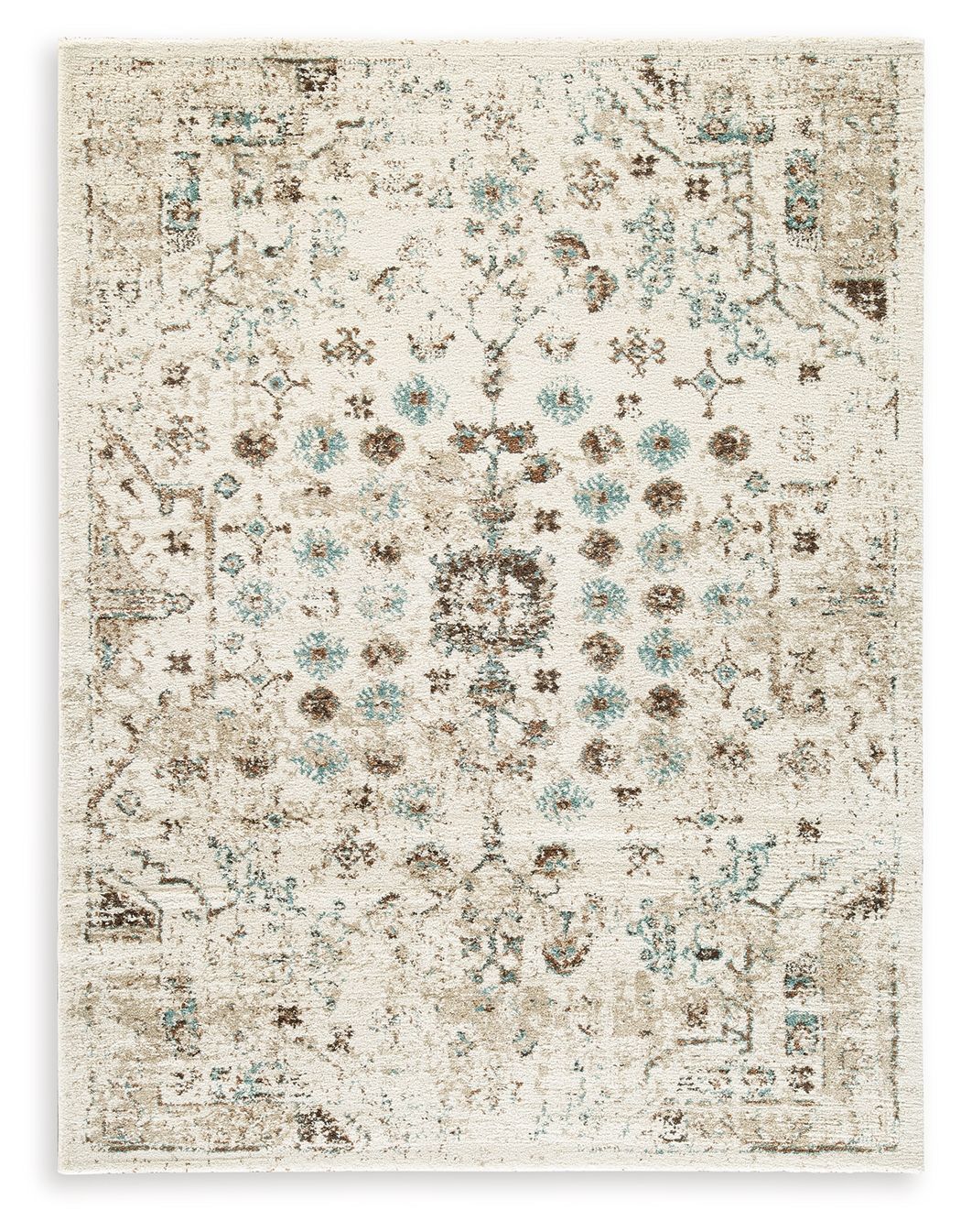 Beige area rug with distressed ornate pattern in brown and blue-green