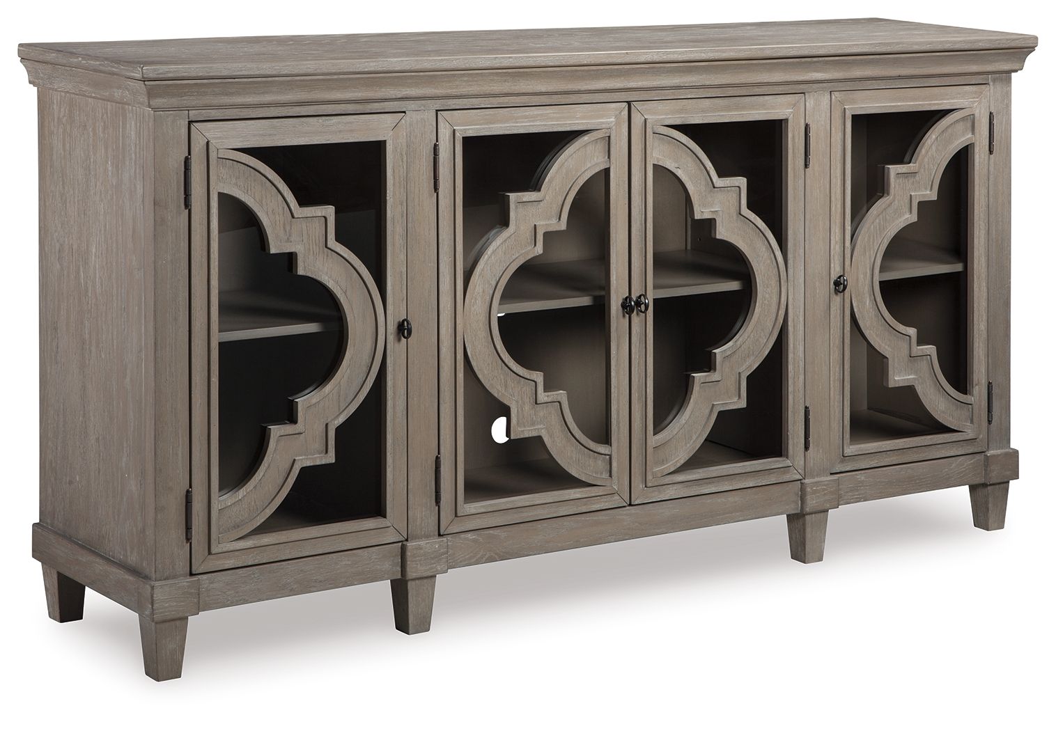 Gray accent cabinet with four doors, arched cutout panels, and tapered legs