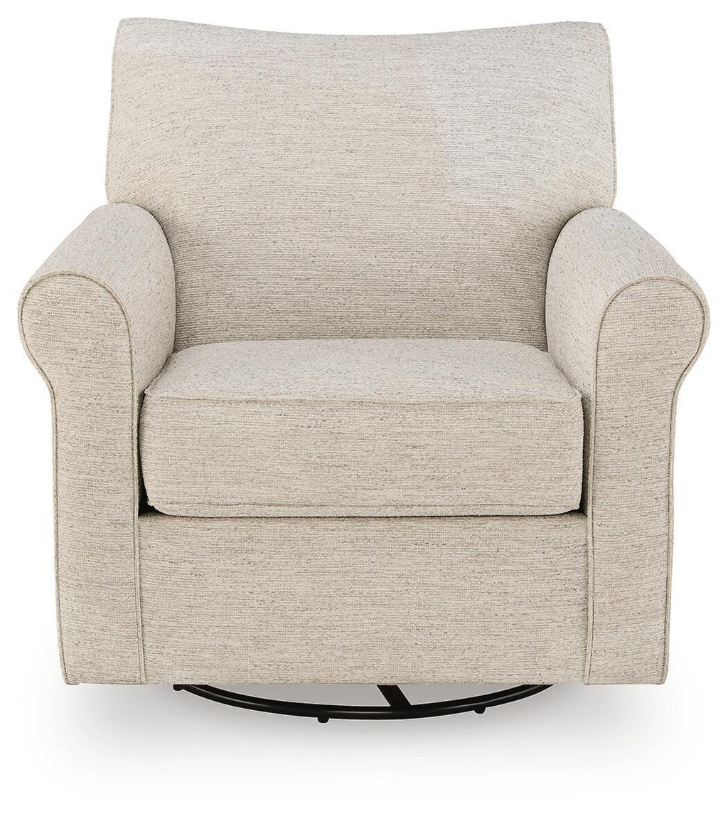 Beige swivel accent chair with thick padded arms and seat, rounded back design