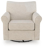 Beige swivel accent chair with thick padded arms and seat, rounded back design