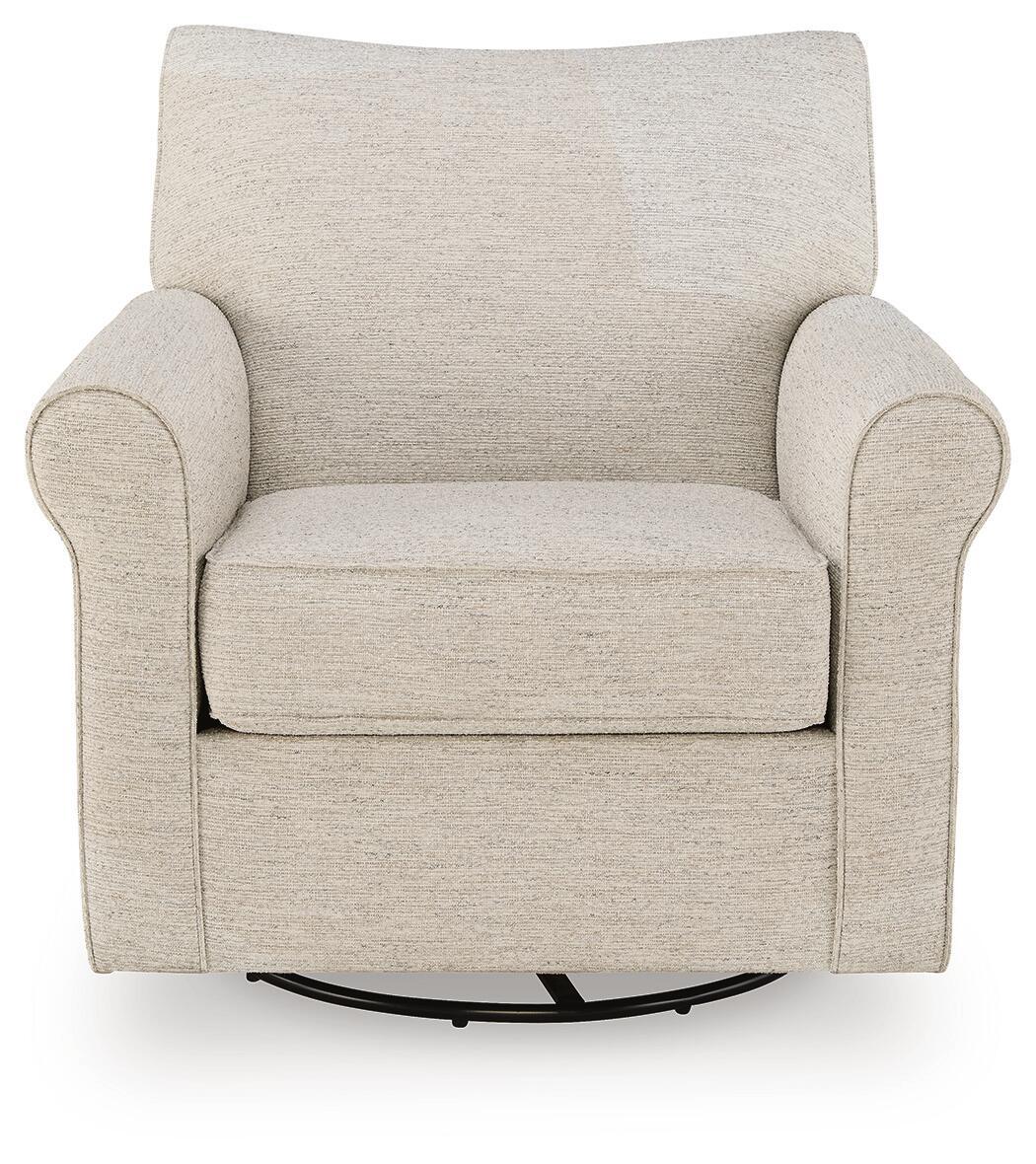 Beige swivel accent chair with thick padded arms and seat, rounded back design