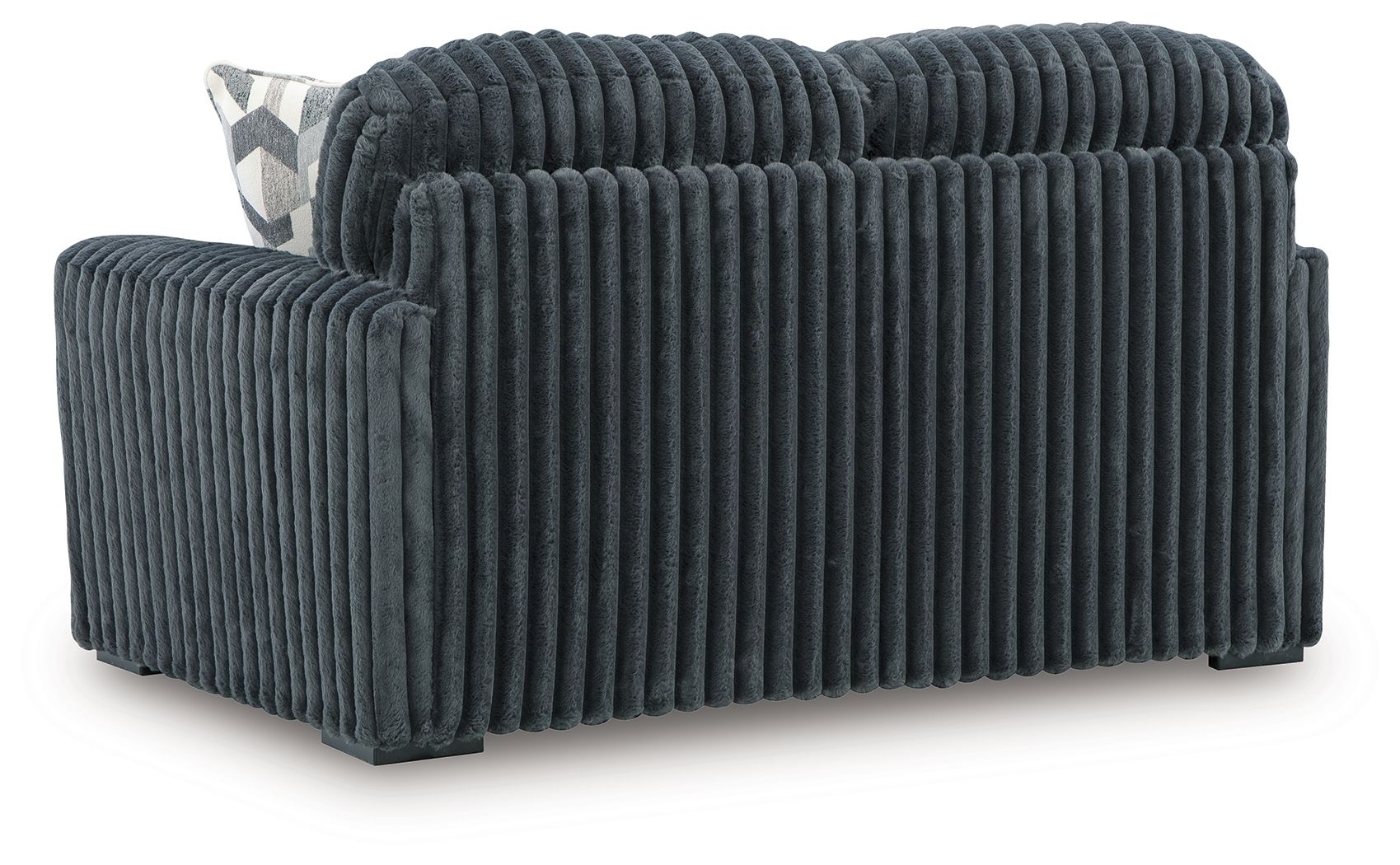 Dark gray corduroy loveseat, side view with ribbed fabric and rounded armrest