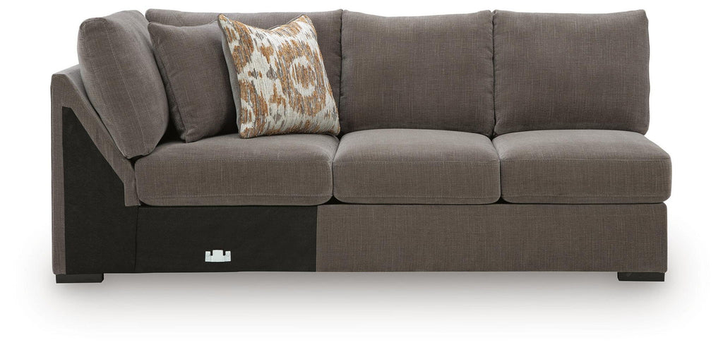 Espresso armless loveseat with wedge, dark gray fabric and two throw pillows
