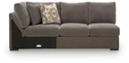 Espresso armless loveseat with wedge, dark gray fabric and two throw pillows