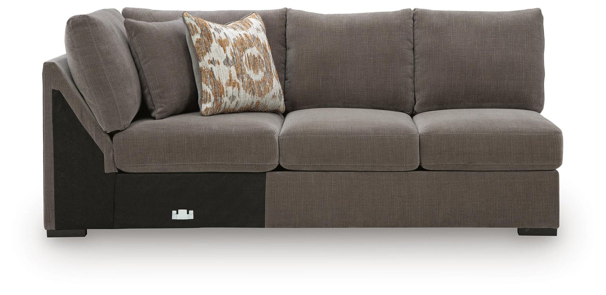 Espresso armless loveseat with wedge, dark gray fabric and two throw pillows
