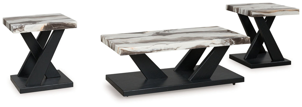 Occasional table with marble-look top and black X-frame pedestal base