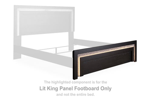 Black panel footboard with dark wood top and gold-toned trim, king size