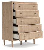 Two-tone five-drawer wide chest with drawers pulled open, woven fronts, dark handles