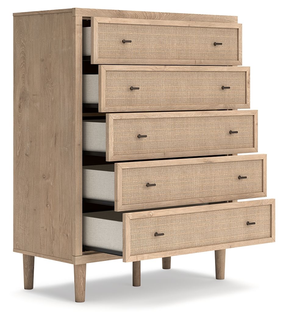 Two-tone five-drawer wide chest with drawers pulled open, woven fronts, dark handles