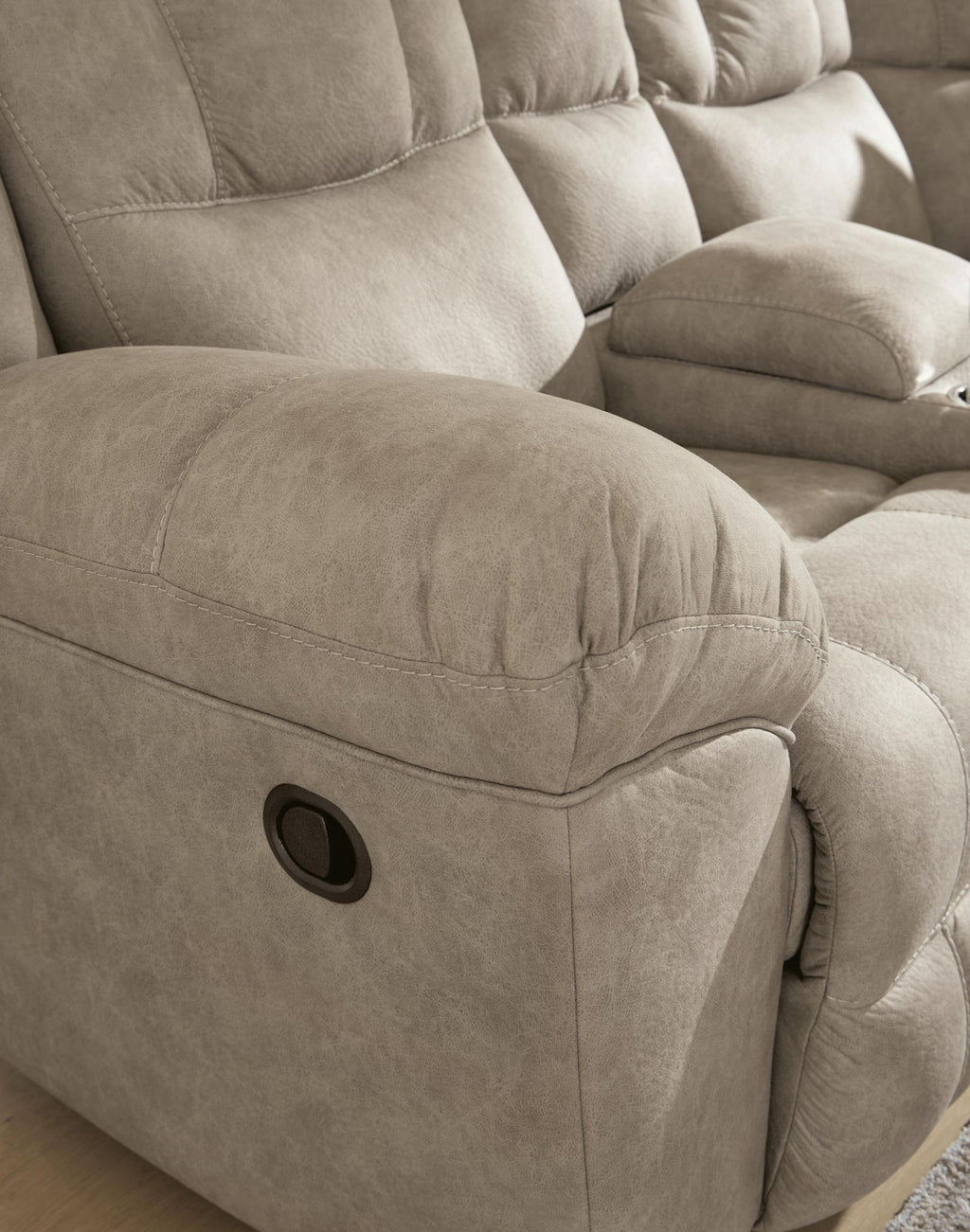 Birch fabric recliner sofa armrest with round control detail and padded side panel