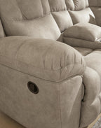 Birch fabric recliner sofa armrest with round control detail and padded side panel