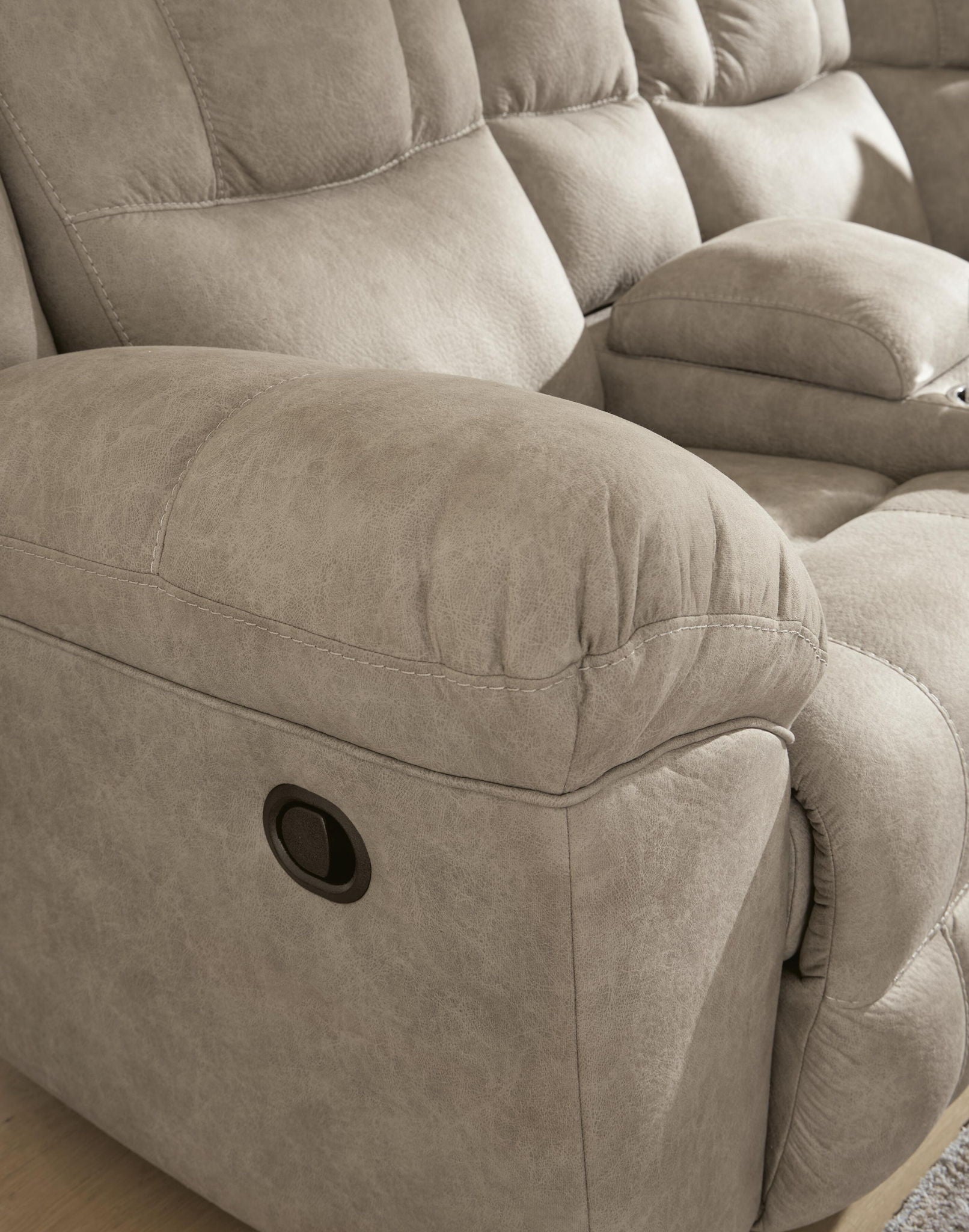 Birch fabric recliner sofa armrest with round control detail and padded side panel