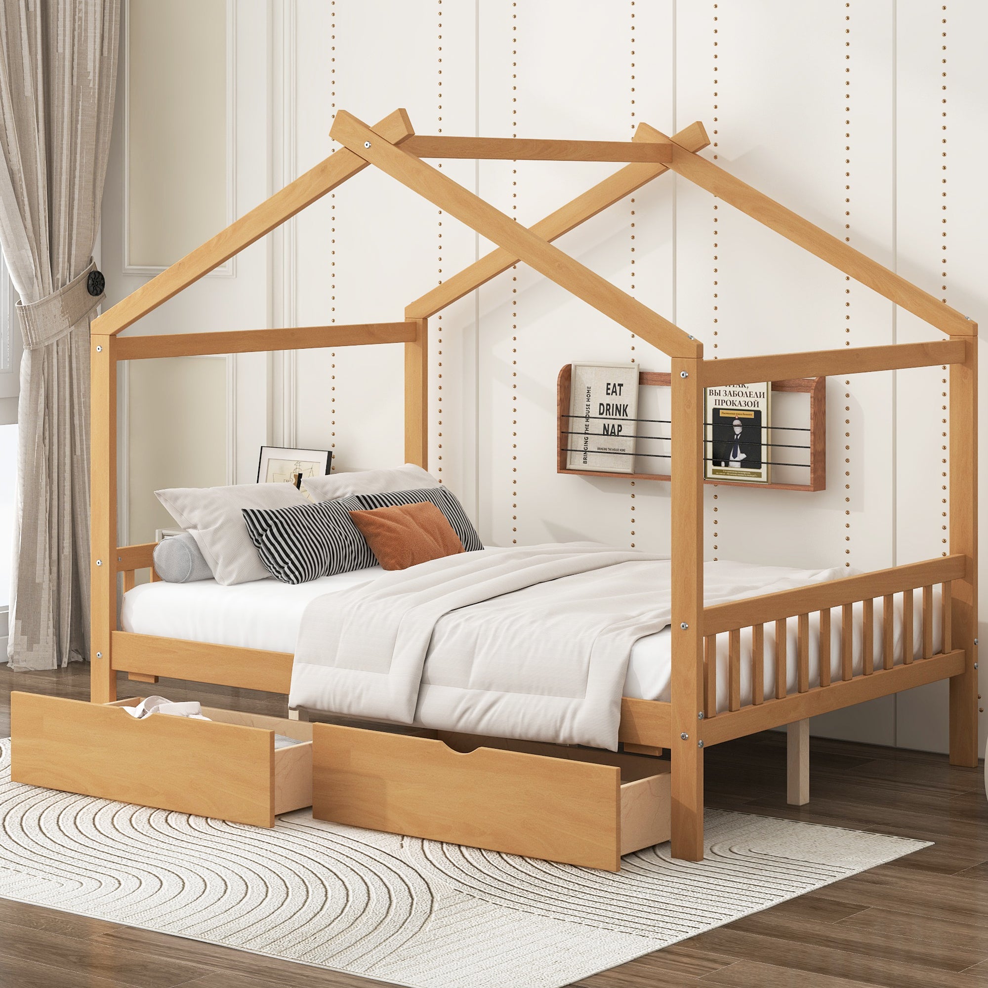 Full Size Natural House Platform Bed with Drawers Headboard Footboard Roof