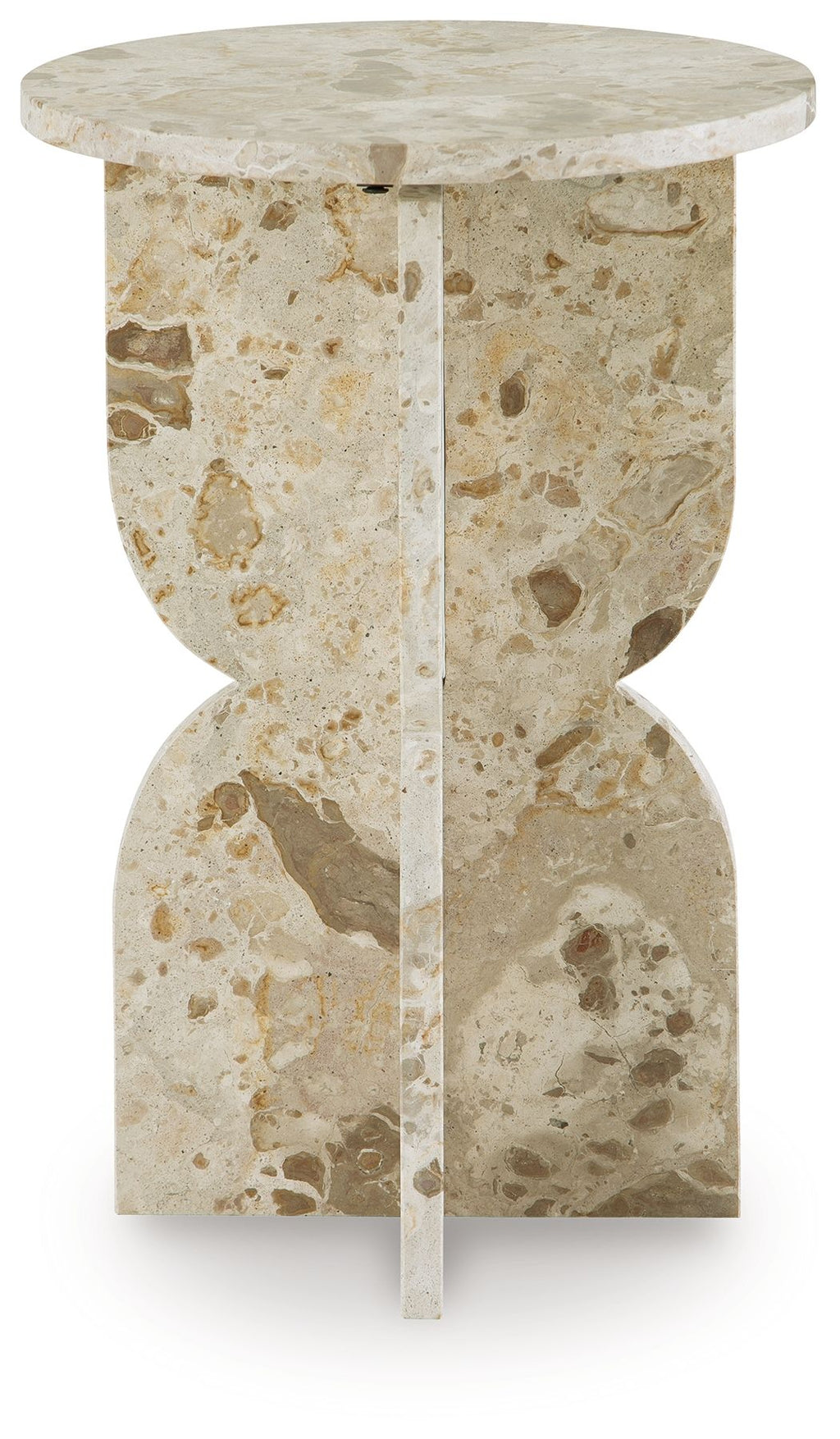 Beige stone-look accent table with round top and hourglass pedestal base, side view