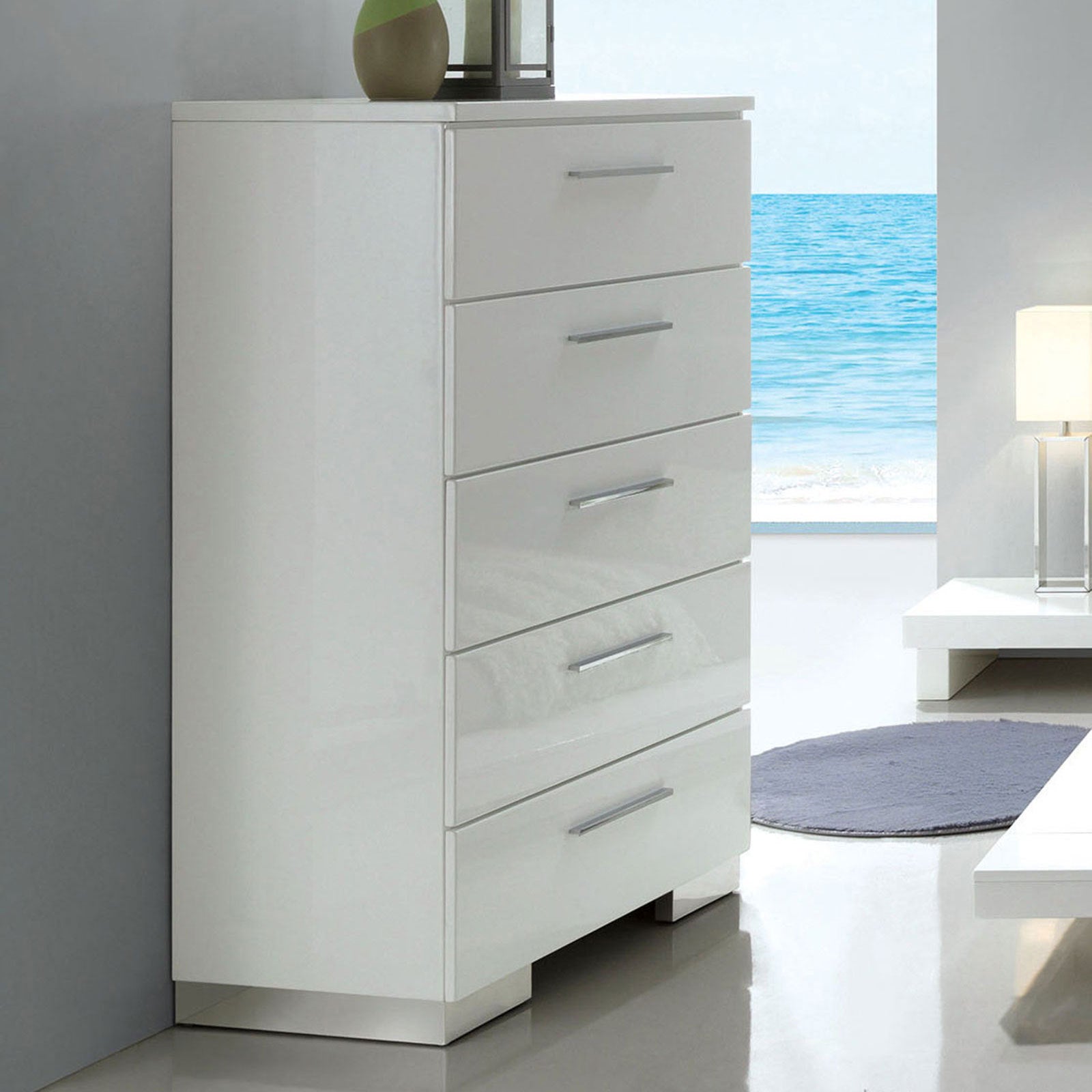 Modern White High Gloss 5-Drawer Chest - Contemporary Style