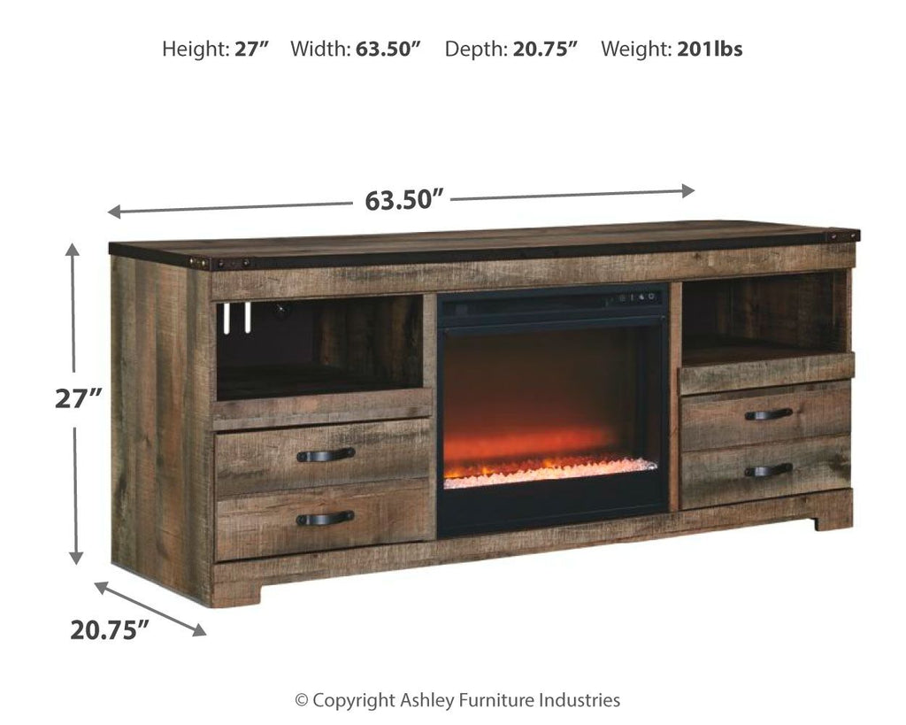 Dark brown TV stand with faux fireplace insert, shown with height and width dimensions