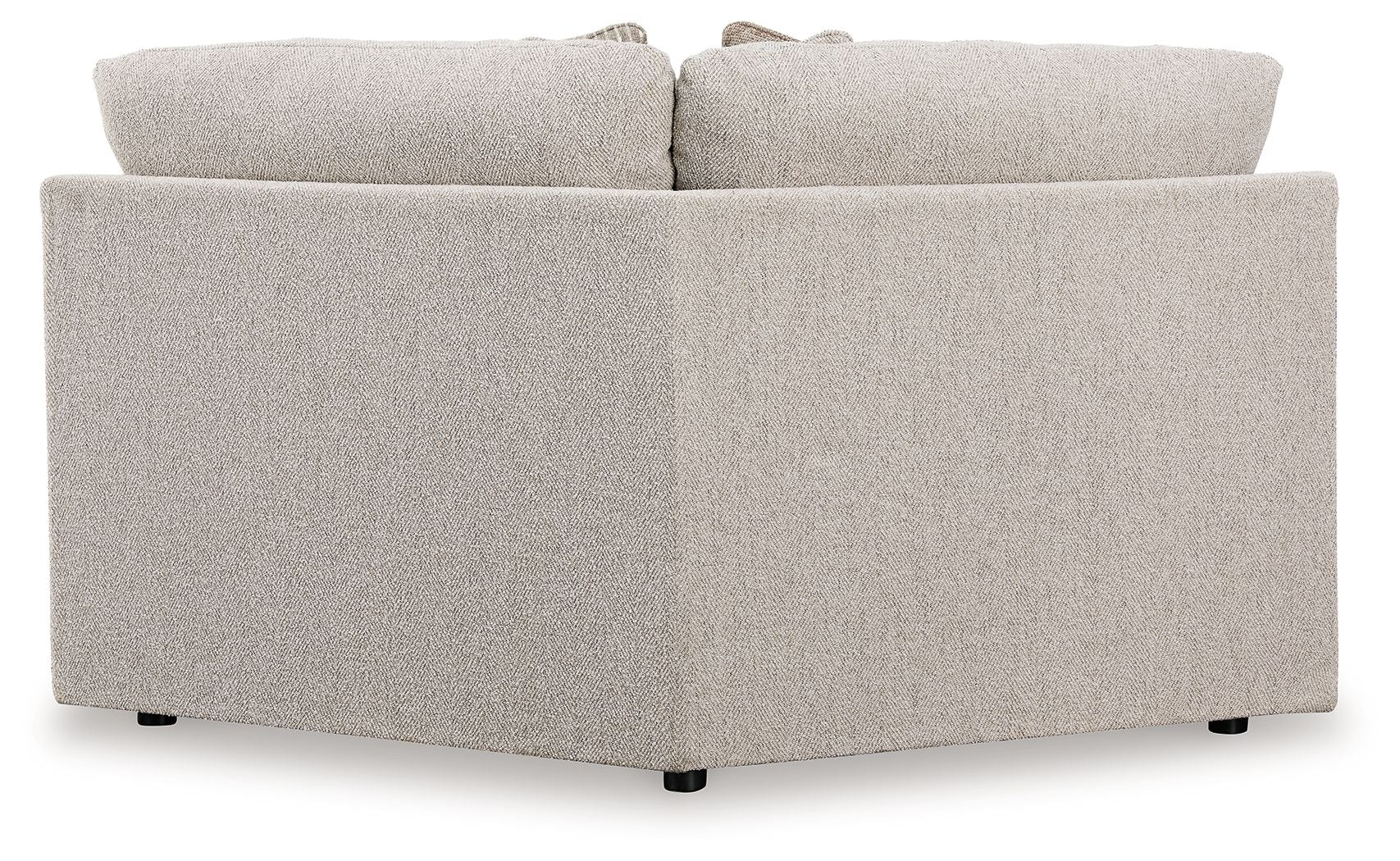 Wedge sectional sofa in light gray fabric, corner profile with padded armrests