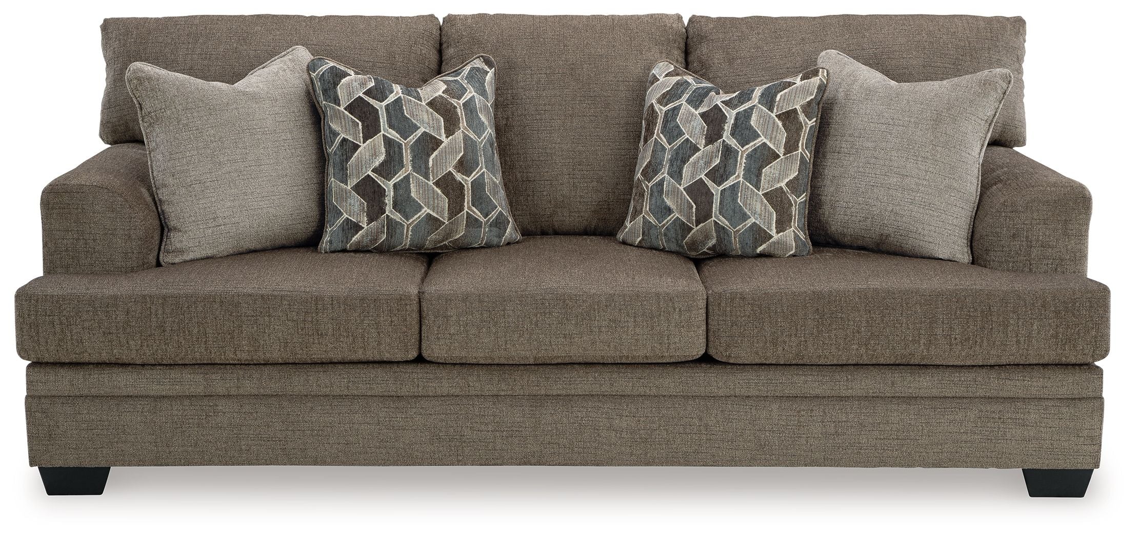 Sofa sleeper in dark taupe fabric with four back cushions and two geometric throw pillows