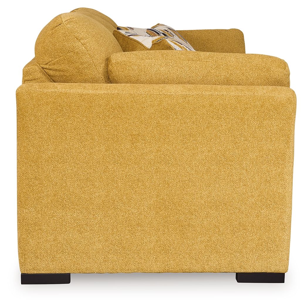 Sunflower sofa sleeper side view with rolled arm and open back cushion
