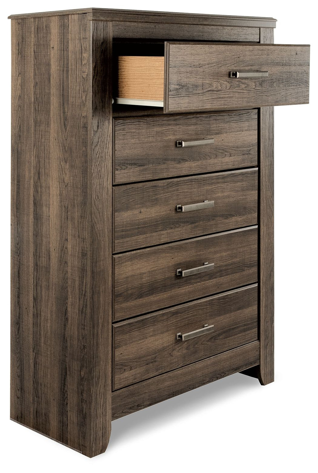 Juararo five-drawer chest in dark brown, top drawer open, side view
