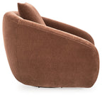 Rust-brown swivel accent chair with tall backrest and rounded arms, upholstered fabric.