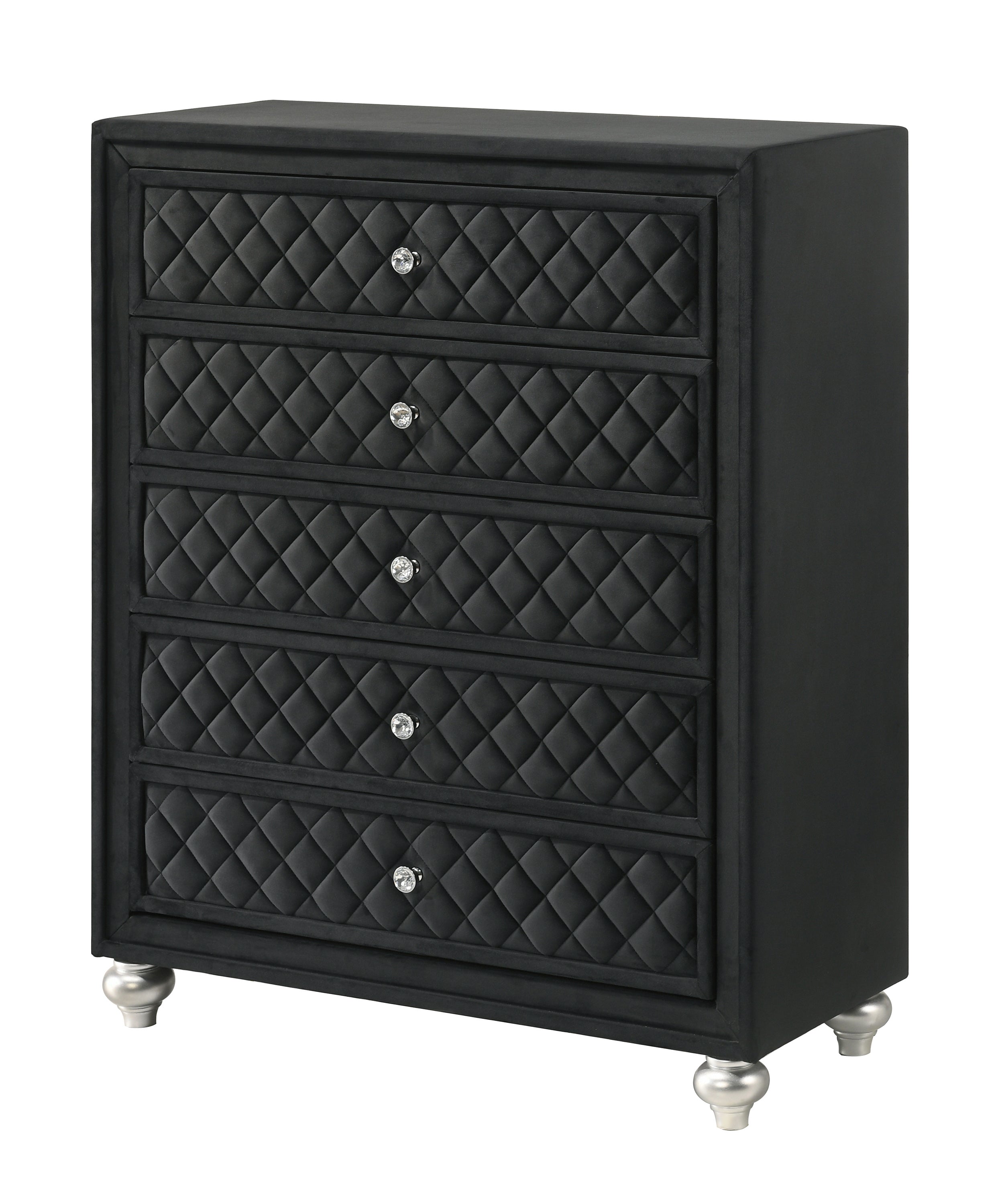 Black Traditional Glam 5-Drawer Chest, Velvet & Crystal Knobs