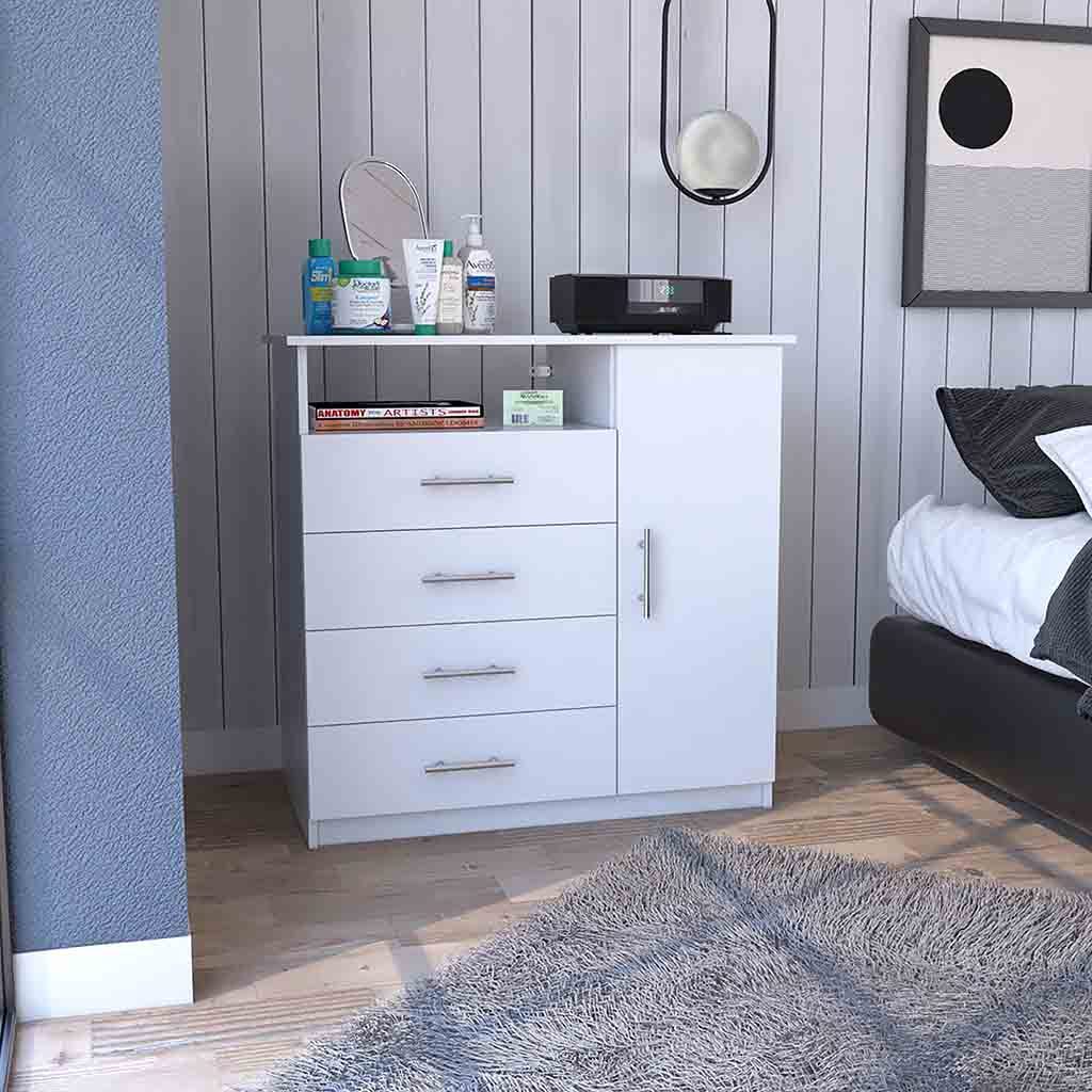 White 4-Drawer Dresser, Open Shelf & Single Door Cabinet