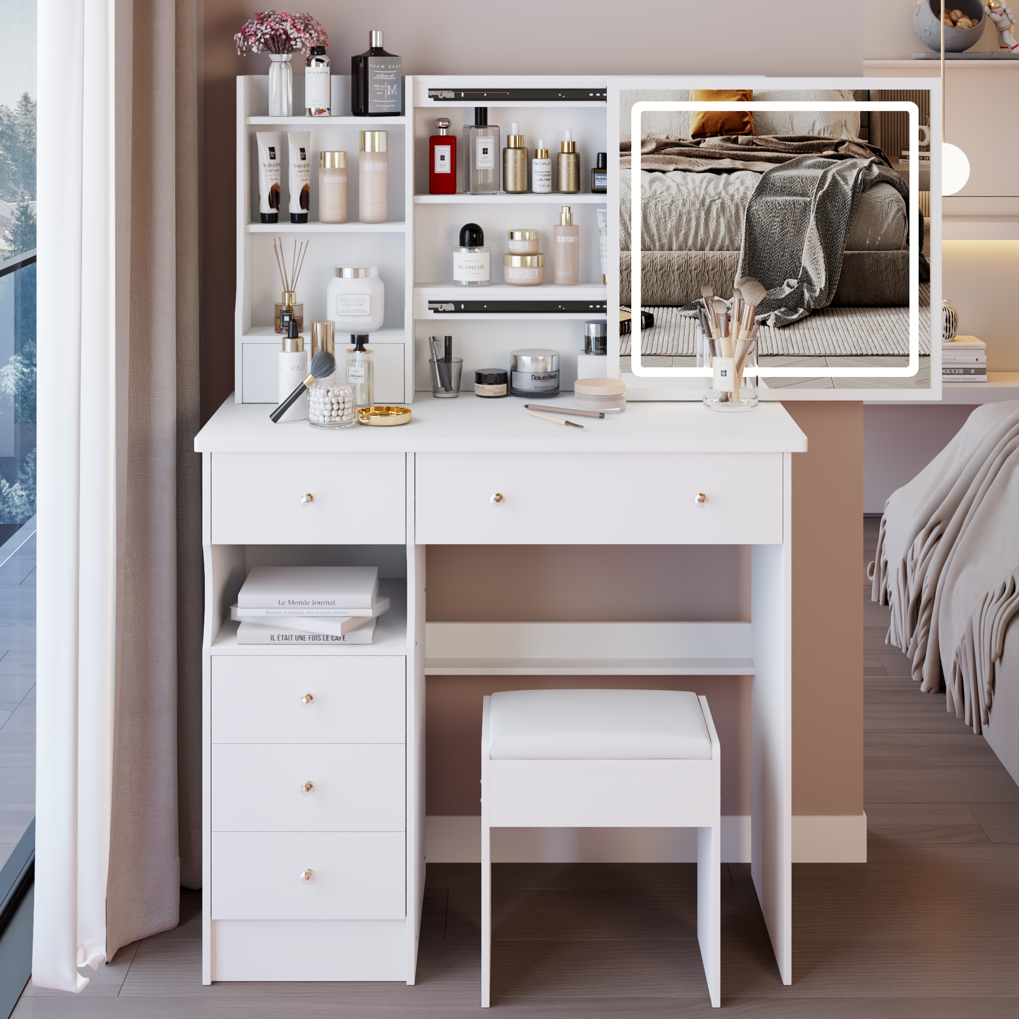 37" Desktop Vanity Table w/LED Mirror, Cushioned Stool & Storage