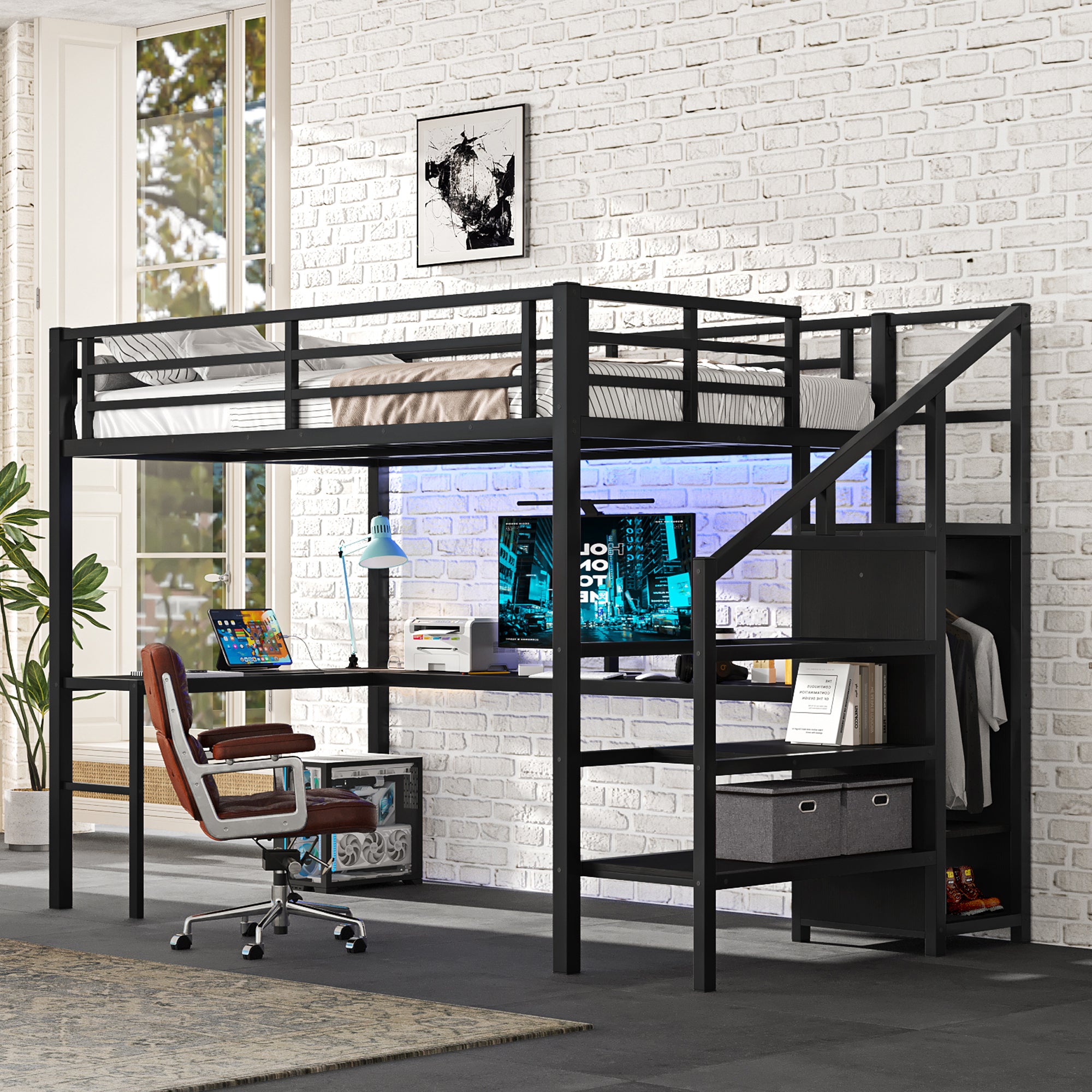 Full Size Metal Loft Bed with Desk, Wardrobe, LED & USB for Adults