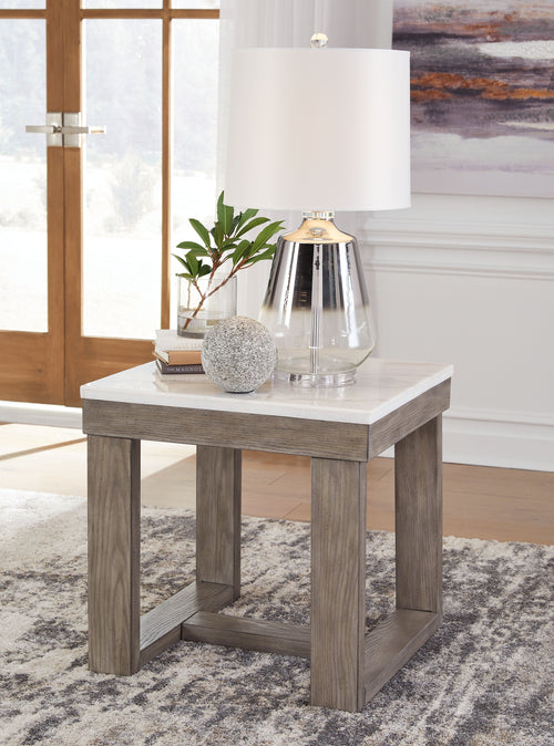 Square end table with white top, distressed brown legs, and lower storage shelf