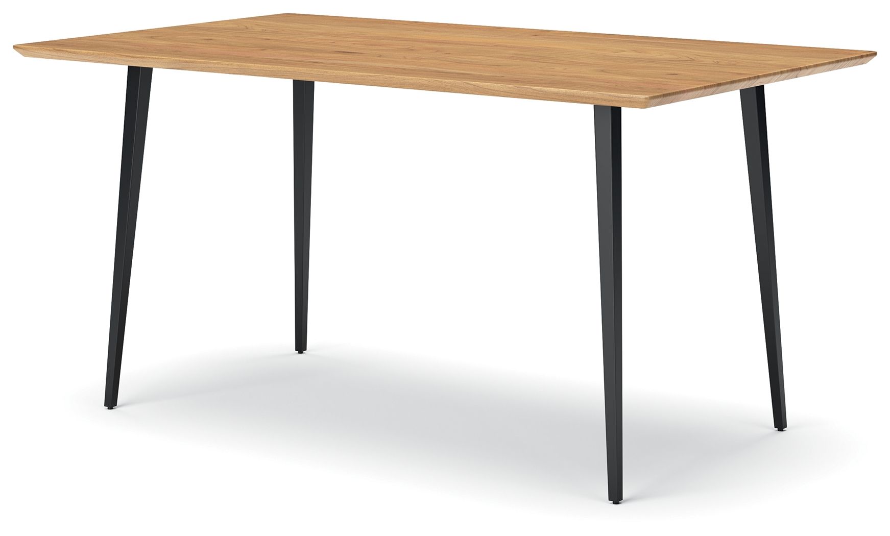 Rectangular dining table corner view with natural wood top and black metal legs