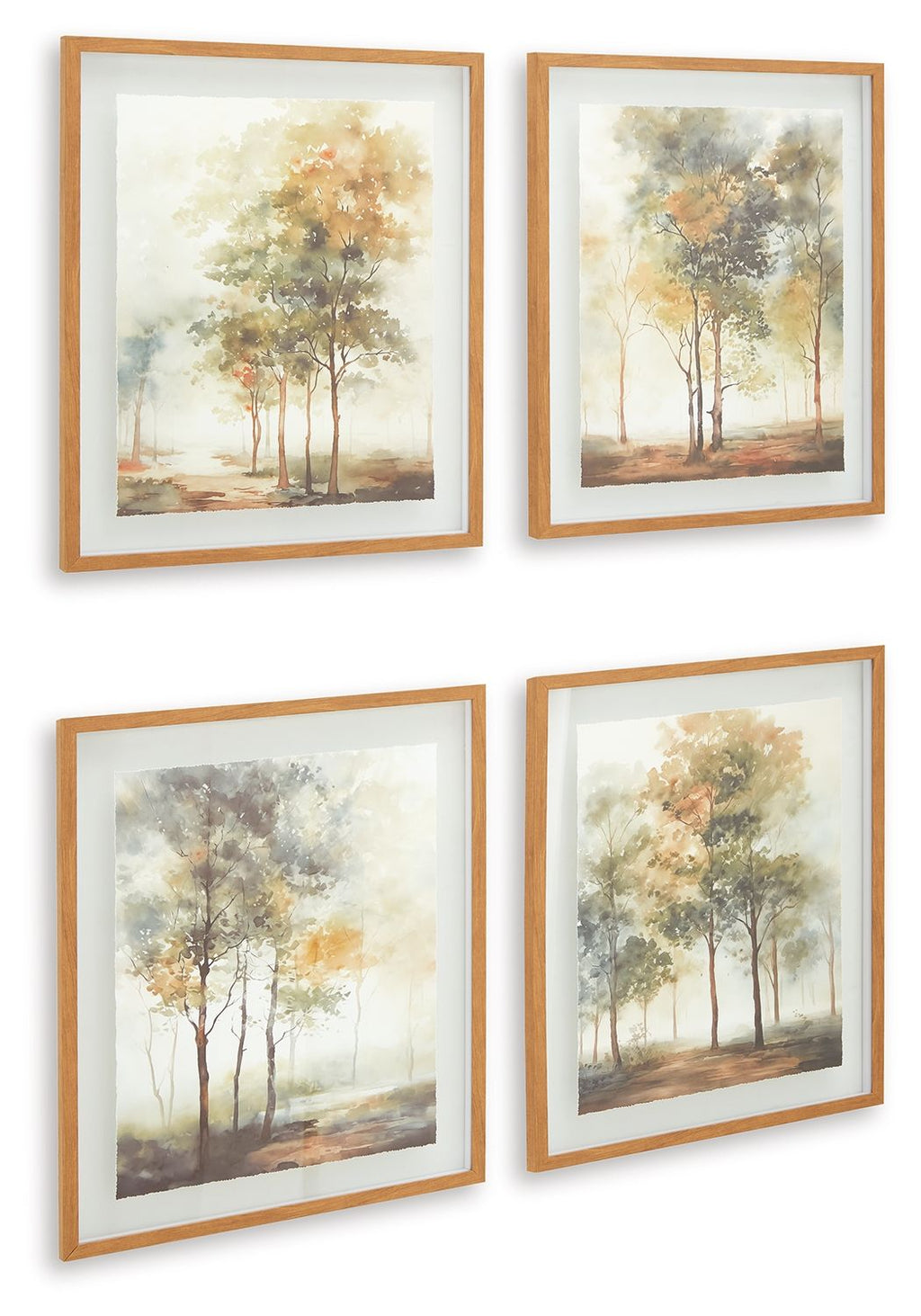 Set of 4 framed tree landscape wall art prints, pale sky with warm and cool foliage hues