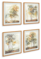 Set of 4 framed tree landscape wall art prints, pale sky with warm and cool foliage hues