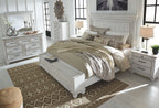 Panel bedroom set bedroom scene: white bed frame with panel headboard and matching storage