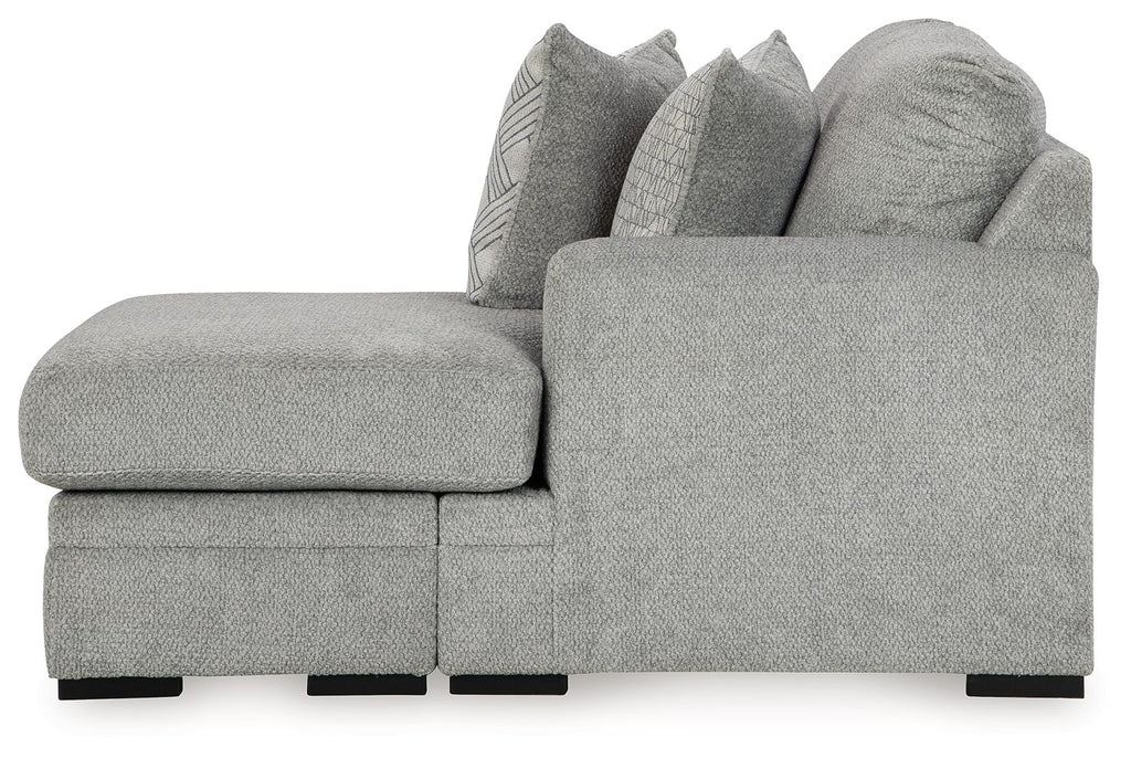 Grey sofa chaise with square arms and padded back cushions