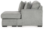 Grey sofa chaise with square arms and padded back cushions