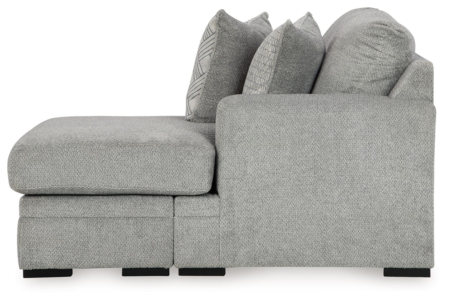 Grey sofa chaise with square arms and padded back cushions