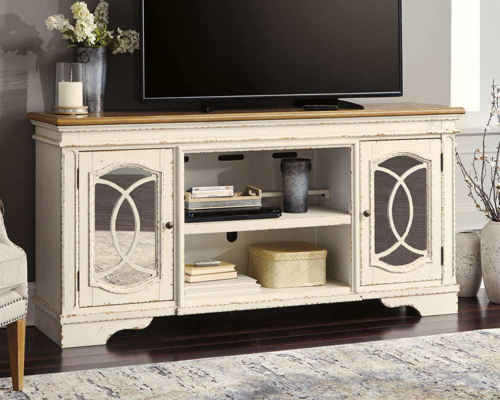 Chipped white TV stand with two cabinet doors, open shelves, and TV on top