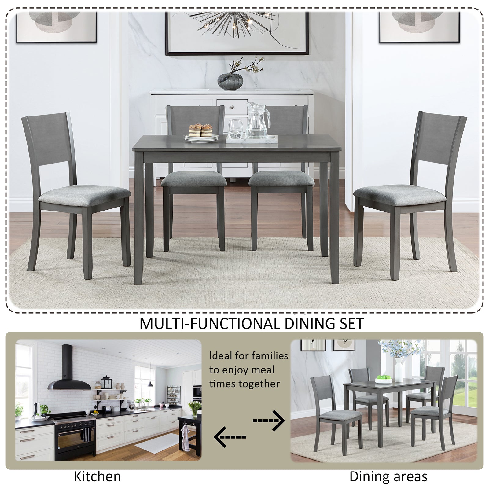 5 Pc Modern Dining Set w/Table & 4 Chairs, Gray