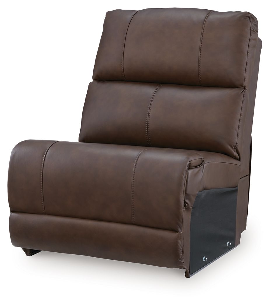 Espresso armless recliner chair side profile with stitched upholstery and cushioned base